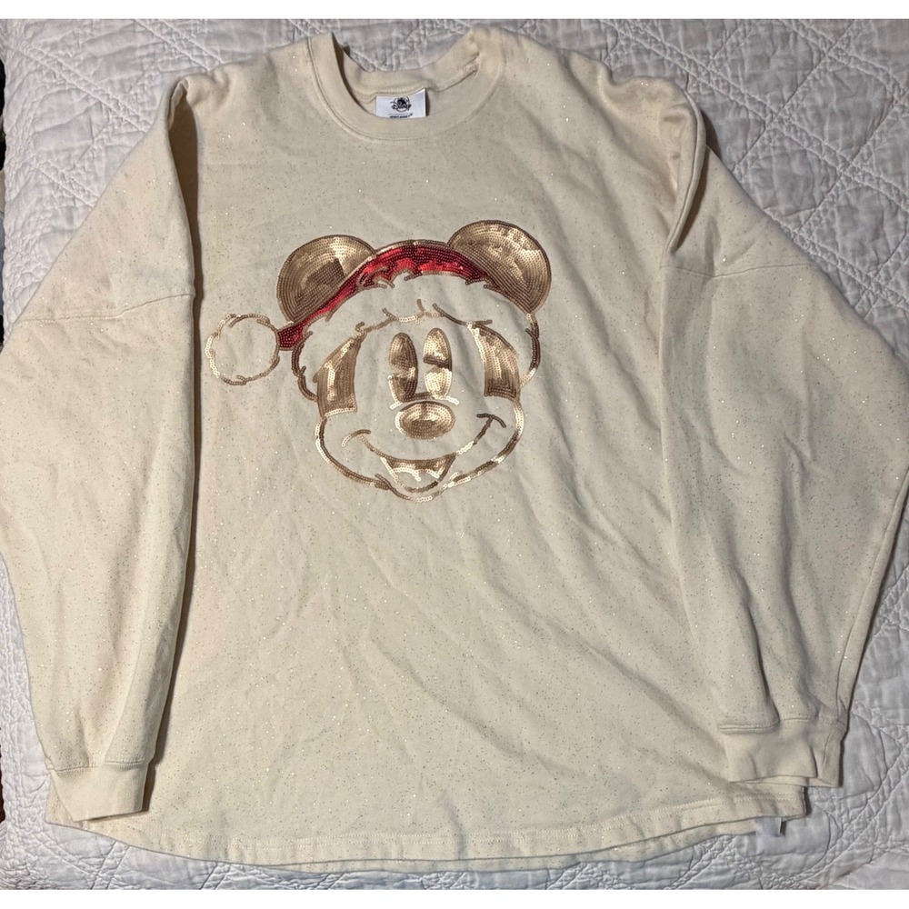 Disney Spirit Jersey Women XXL Cream Gold Sequin Mickey Merry Christmas Glitter
